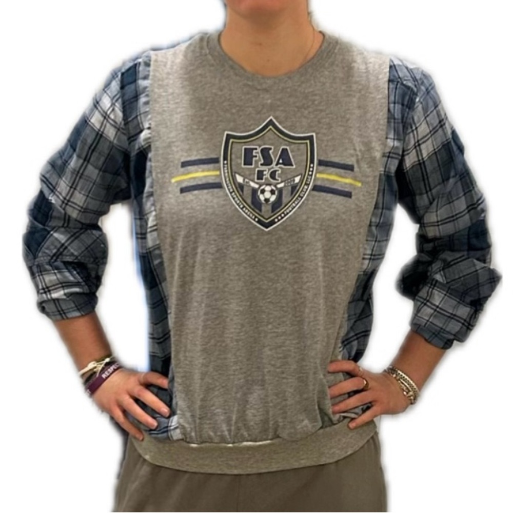 Upcycled FSA Soccer Gray Top Long Sleeve Flannel Patchwork Handmade Women’s S